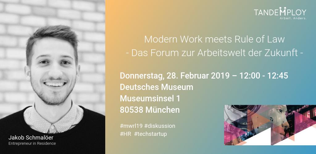 Tandemploy's tweet photo. Modern Work meets Rule of Law und Jakob ist für Tandemploy in München vor Ort!
#modernwork in der Unternehmenspraxis. Noch kann man sich Tickets sichern: https://t.co/BCzLx9cQo8 #mwrl19 #tandemploy #thisistandemploy #tandemployontour #arbeitanders #einfachmachen https://t.co/PMwyH9pZTa