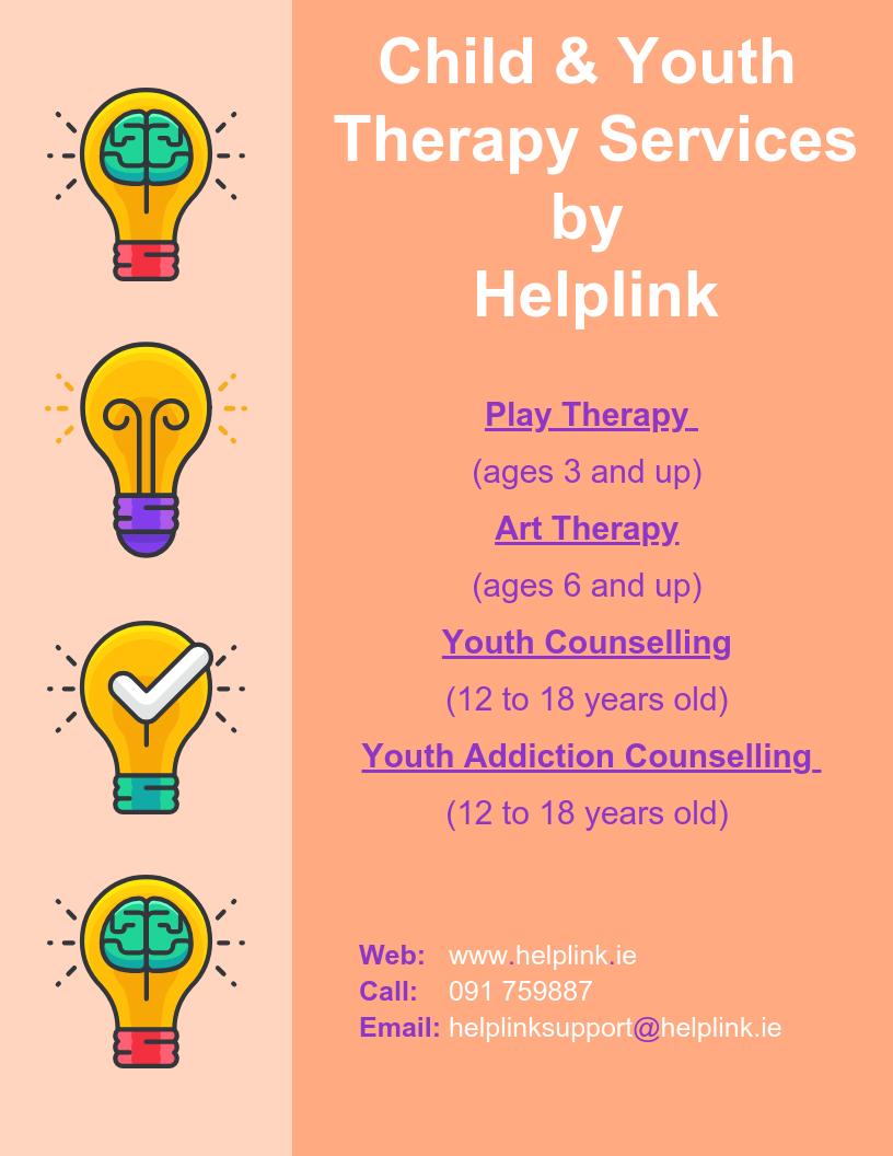 HelplinkMH's tweet image. Did you know we provide mental health supports to children (ages 3 and up) and young people too (7 days a week and out-of-hours)?

 More info @ helplink.ie

Youth counselling available nationally online. 
F2F services in Galway City.

#mentalhealth #Helplinksupport