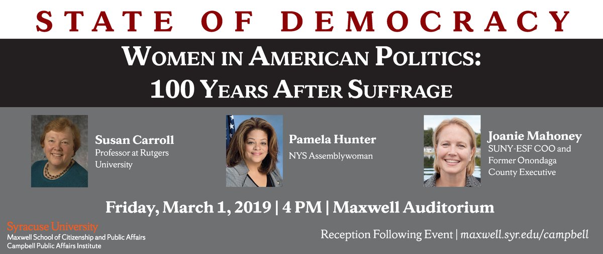 📣THIS FRI:  join us for a panel discussion w/ Susan Carroll of <a href="/CAWP_RU/">CAWP</a>, NYS Assemblywoman Pamela Hunter (Dist128), and fmr <a href="/OnondagaCounty/">Onondaga County</a> Exec <a href="/JoanieMahoney/">Joanie Mahoney</a>! 
<a href="/MaxwellSU/">Maxwell School</a> <a href="/SUPoliSci/">SU Political Science</a> <a href="/SUCollegeRepubs/">College Republicans</a> <a href="/CollegeDems_SU/">SU College Dems</a> <a href="/SUNYPolyAandS/">Arts and Sciences</a> <a href="/SAatSU/">SA - SU & SUNY-ESF</a> <a href="/HendricksChapel/">Hendricks Chapel</a> <a href="/LeadSyr/">Leadership Syracuse</a> @SNCCSYR