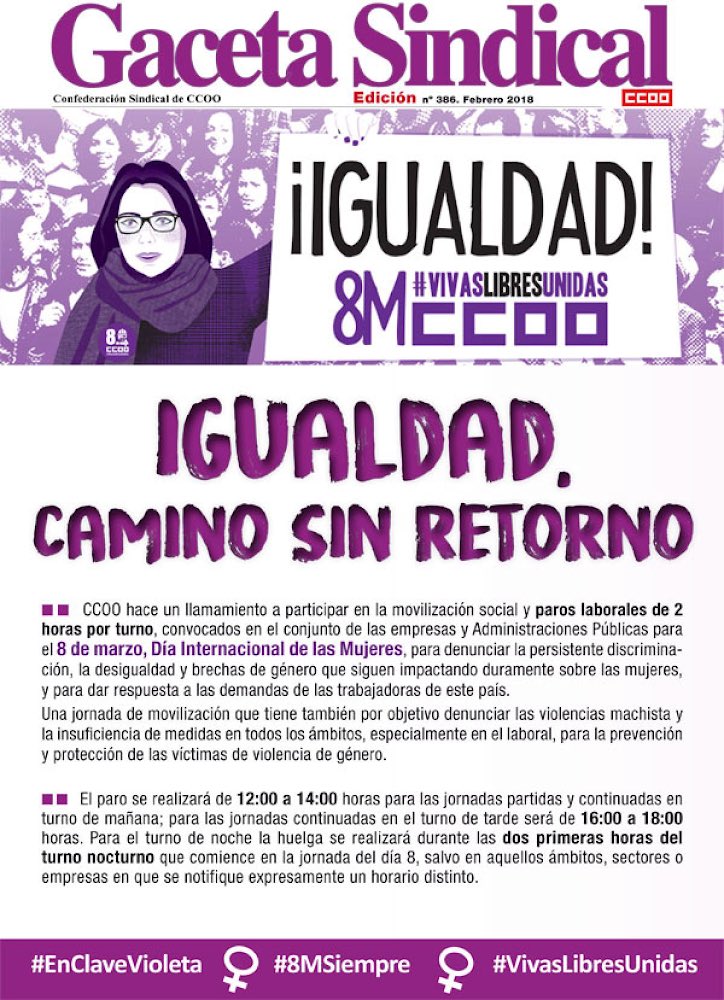 #GacetaSindical  <a href="/CCOO/">Comisiones Obreras</a> hace un llamamiento a participar en la movilización social y paros laborales de 2 horas por turno,  #8deMarzo
#VivasLibresUnidas #8MSiempre #EnClaveVioleta

ccoo.es/40cc47ef3f0409…
