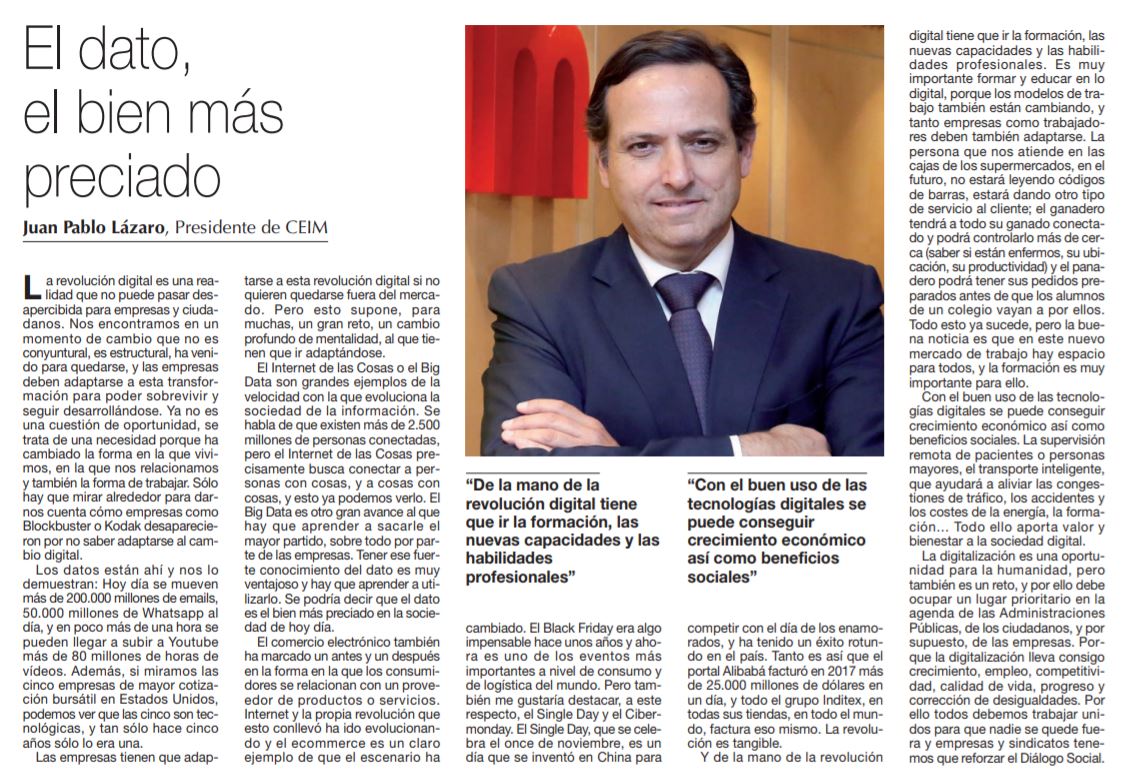 _CEIM_'s tweet photo. #TransformaciónDigital | "La revolución digital es una realidad que no puede pasar desapercibida para empresas y ciudadanos" Juan Pablo Lázaro (@LazaroJp), presidente de @_CEIM_, para la revista #ElNuevoLunes, con motivo del 38 aniversario del diario ➡️ https://t.co/G7YazY38B4 https://t.co/8z04xEmDJJ