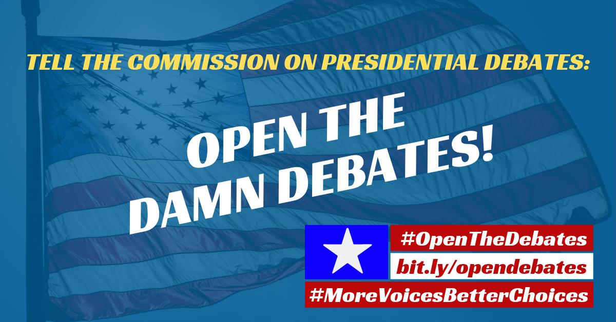 OpenTheDebates's tweet photo. We call on all 2020 Dem contenders to put "democratic" back in the Democratic Party. Join our call to #OpenTheDebates to ALL candidates on enough ballots to win: https://t.co/9Gkxtn6Xup
#OpenTheDamnDebates!🗽⚖️
#MoreVoicesBetterChoices
#2020election https://t.co/vs2RFE7Fw8