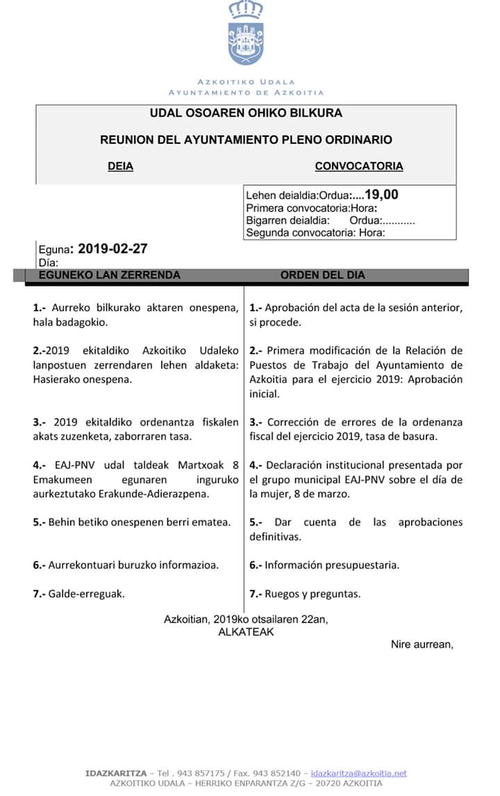 AzkoitiaB's tweet photo. Bihar, otsailak 27 19:00etan Azkoitiko udaletxean udal osoaren ohiko biljura. Ona hemen gai zerrenda.

Mañana, 27 de febrero a las 19:00 en el ayuntamiento de Azkoitia se celebraráel pleno ordinario. Este es el orden del día. https://t.co/SZQWSOujIL