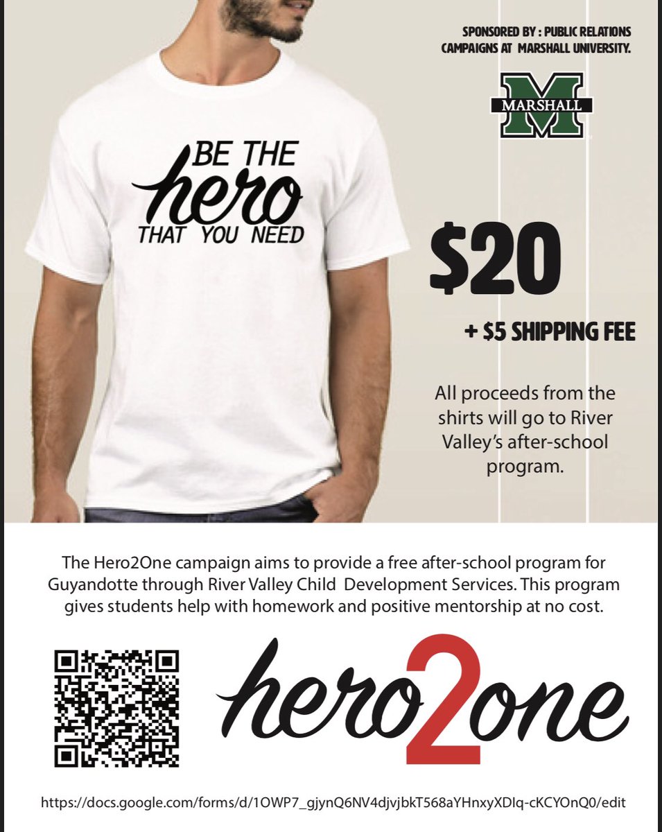 britthively's tweet photo. Marshall students are selling shirts as a fundraiser for a public relations campaign! All profits will go towards local Huntington students for their after-school program!
👉🏼 https://t.co/Piynuhpa3H
#MUPR #SupportLocalStudents #Hero2One https://t.co/LaSNz5NyZZ