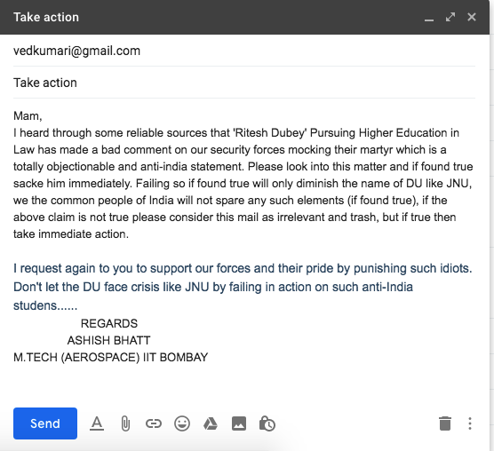 Ashishbhatt1008's tweet photo. @CleanTheNation1 send bro, #cleanthenation circulate this mail i have written very carefully so that the DU law dept. do not get any excuse of bad language while request for justice to our brave soldiers, like barkha dutt case... Please at least see it onece i repeat see it once @CleanTheNation1 https://t.co/LttIybfBVz