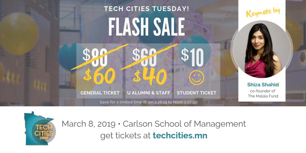 jmbartels13's tweet photo. It's a #TechCitiesMN Tuesday Flash Sale - today only! Don't miss our inspiring keynote by @Shiza Shahid, the awesome line-up of breakout speakers, trying virtual reality w/@rem5vr, or a drink or two at the networking reception... more info at https://t.co/Q1WHaY0TO8!! https://t.co/rGT9l2tn7w