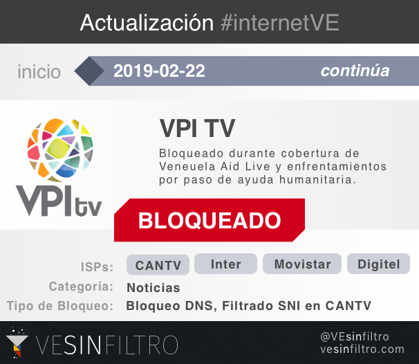 vesinfiltro's tweet photo. #Venezuela sigue bloqueando medios por cobertura de la frontera

• @vivoplaynet 4 días
[CANTV, Inter, Digitel, Movistar]
• @VPITV: 4 días
[CANTV, Inter, Digitel, Movistar]
• @EVTVMiami: 4 días
[CANTV]
• @ELTIEMPO: 3 días
[CANTV, Inter, Digitel, Movistar]
#internetVE #KeepItOn https://t.co/lTw0UnVekF