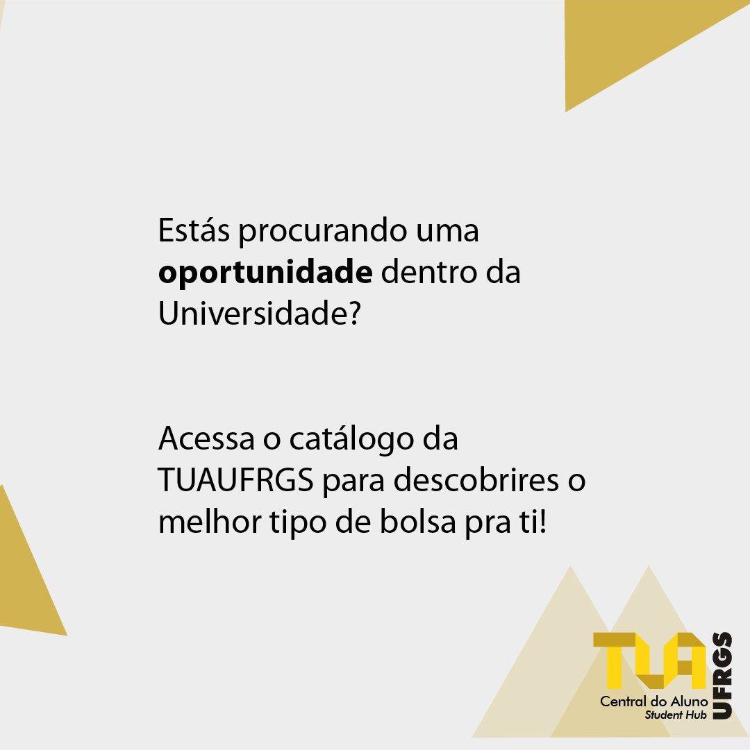 Estás procurando uma oportunidade na Universidade?
No mural de bolsas podes escolher bolsas por área de atuação, encontrar vagas disponíveis, favoritar tuas opções de bolsa e acompanhar atualizações.Acessa bit.ly/2U9Bygo para saberes mais.
#tuaufrgs #ufrgs #muraldebolsas