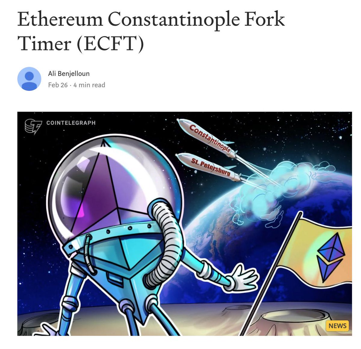 StakeCapital's tweet photo. Ethereum Constantinople Fork Timer #ECFT 
https://t.co/oT7BfzOfWA by @alibenj22 from @StakeCapital 
It looks like we are aiming for: Thu Feb 28 2019 21:44:08 GMT+0100 (Central European Standard Time) 🍽 💣 https://t.co/4FB8laneWu