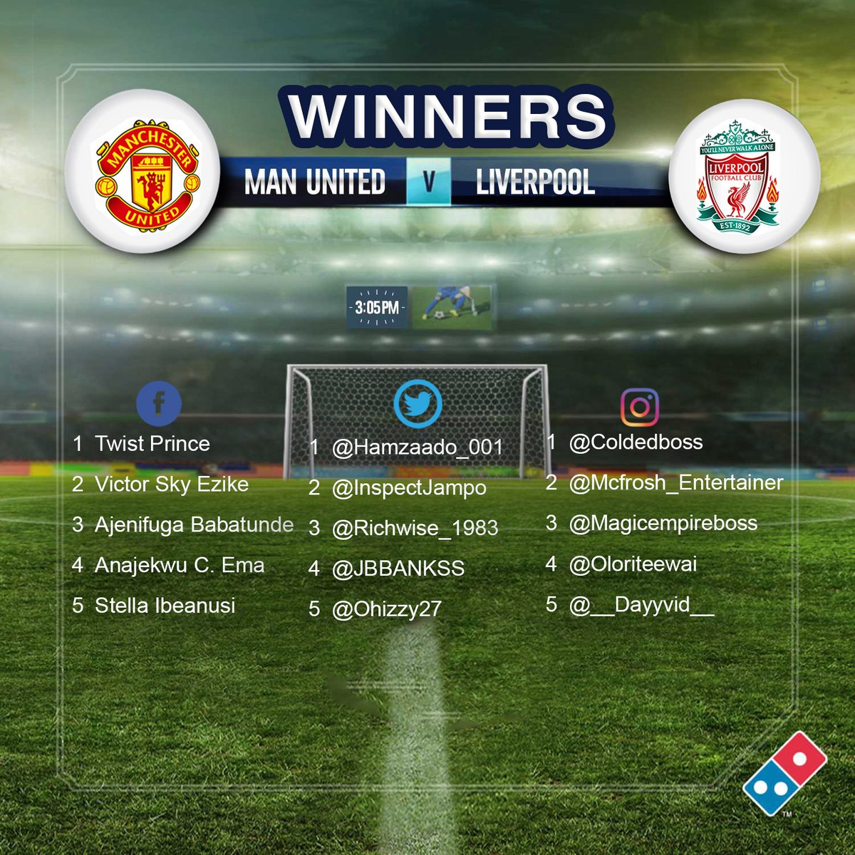 dominosng's tweet photo. Congrats to our winners from the Man Utd vs Liverpool football competition yesterday. Please send us a DM to claim your prize. #DominosPredict https://t.co/lNjWE3ZRWF