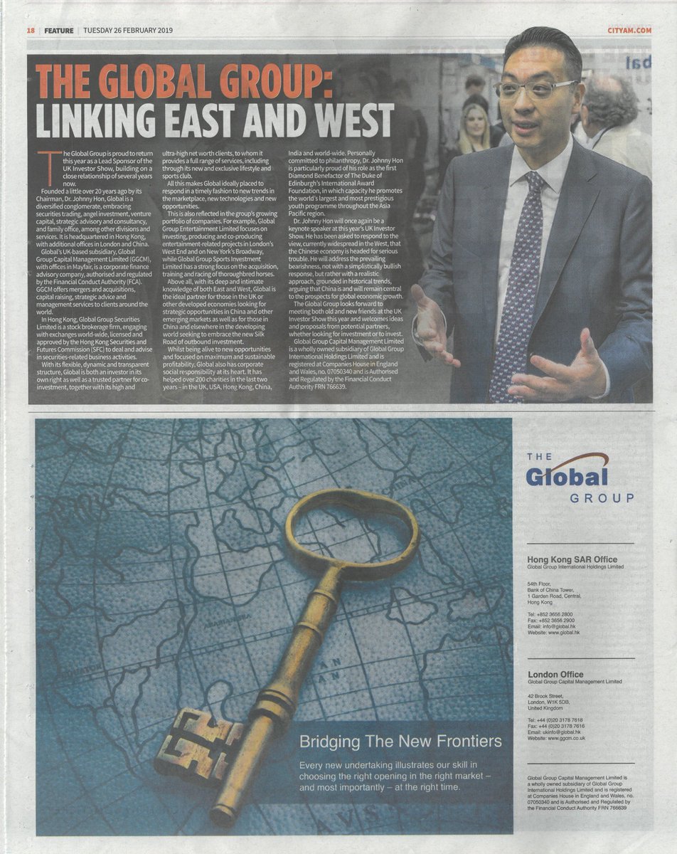 DrJohnnyHon's tweet photo. I am pleased to share the latest coverage in @CityAM (print edition) as my company, the Global Group, gears up as a Lead Sponsor for the @UKInvestorShow. See the Story and follow #DRJOHNNYHON on Facebook, Linkedin, Instagram and Twitter.
#johnnyhon #globalgrouphk #venturecapital https://t.co/taxH60bohx