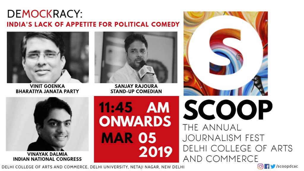 scoopdcac's tweet photo. Presenting our second event, DEMOCKRACY, a humorous interaction between BJP’s @vinitgoenka and Congress’ @VinayakDalmia and renowned political satirist, @urbantucchha. 

The theme for this interaction is 'India’s lack of apetite for political comedy.’ https://t.co/WjZpPMQo8H