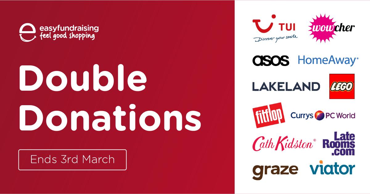 Double Donation week has STARTED at #easyfundraising!
Don’t miss your chance to raise TWICE AS MUCH for your cause with Argos, TUI, Curry’s PC World, ASOS, Lego, Laterooms and more until Sunday 3rd March.
See retailers: efraising.org/SSnfdH7vBJ