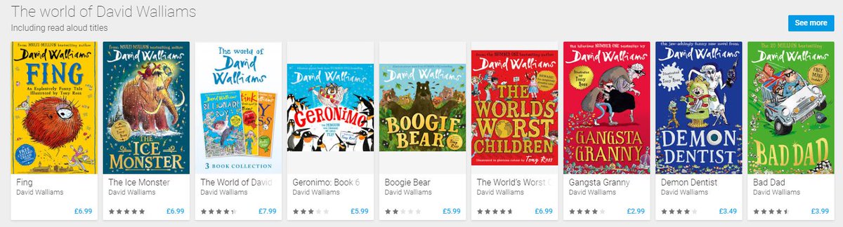 HarperCollinsCh's tweet photo. Do you download books for your little ones from @GooglePlay? If so, check out their brand new, fantastically fabulous World Of David Walliams section! From the delightfully daft Fing to the heartwarmingly hilarious Geronimo, there's something for everyone. https://t.co/Tj9XsMXc9d https://t.co/SHRwAvL0yg