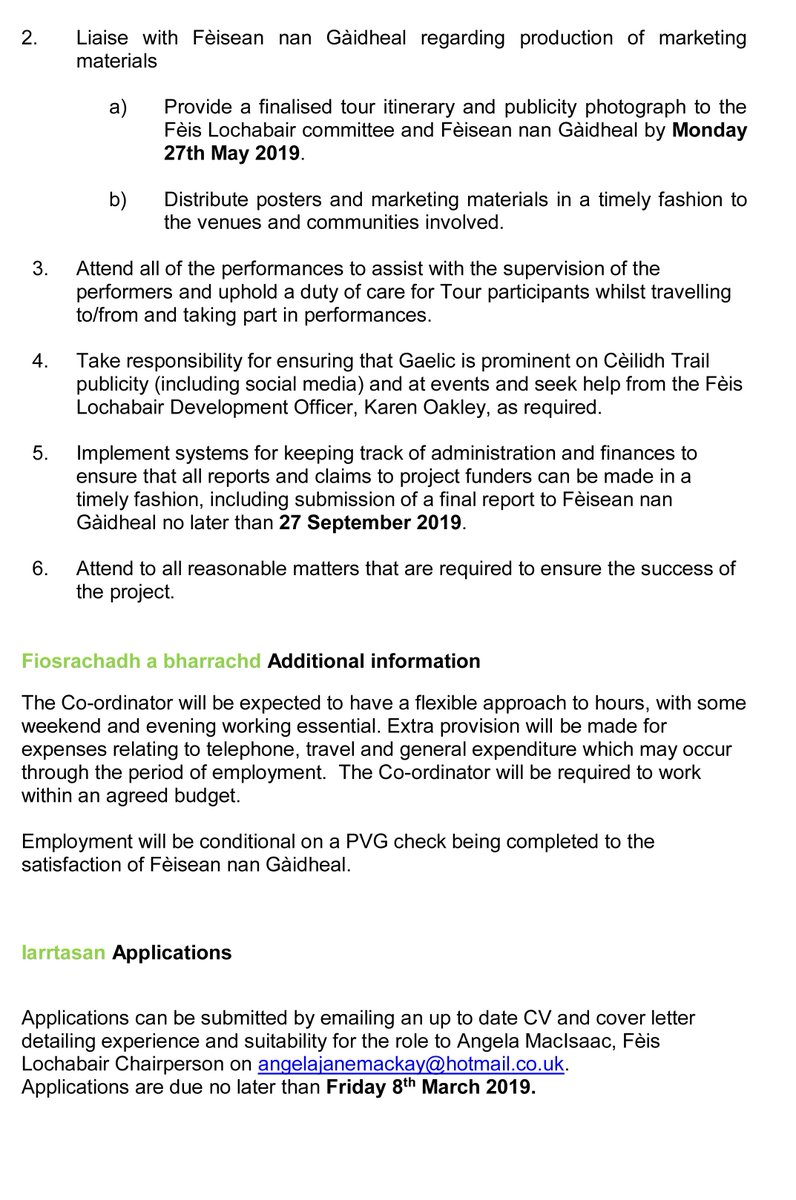 New job opportunity <a href="/FeisLochabair/">Fèis Lochabair</a>: How do you fancy paid work this summer co-ordinating the Cèilidh Trail? 🤘 Please share <a href="/FeisEige/">Fèis Eige</a> <a href="/feisnamara/">Feis Na Mara</a> <a href="/ingridhendo/">Ingrid Henderson 🏴󠁧󠁢󠁳󠁣󠁴󠁿</a>