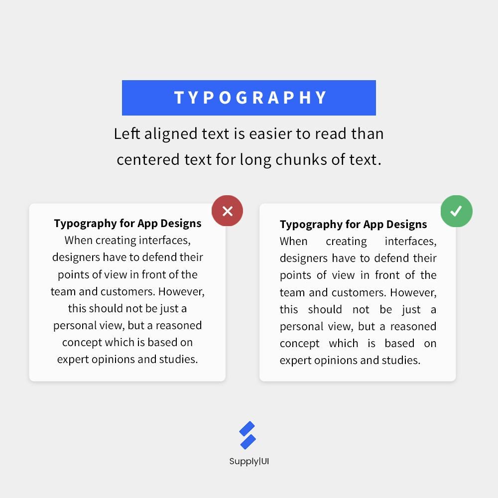 supplyuico's tweet photo. When you align long paragraphs in the center, the starting place of each line changes and that makes it harder to continue reading. Try to use centered text mainly for headlines and short lines of text. 
#ui #ux #uiux #uidesign #uxdesign #designthinking #appdesign #productdesign https://t.co/wNiQONVK6t