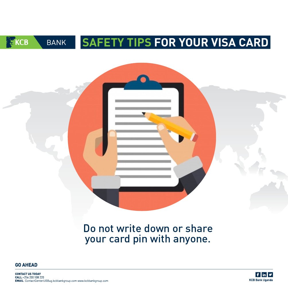 kcbbankug's tweet photo. Here’s how to make sure that your Visa card details stay safe and secure
Do not write down or share your card pin with anyone. #KCBSecurityTips https://t.co/i5M7nyebaq