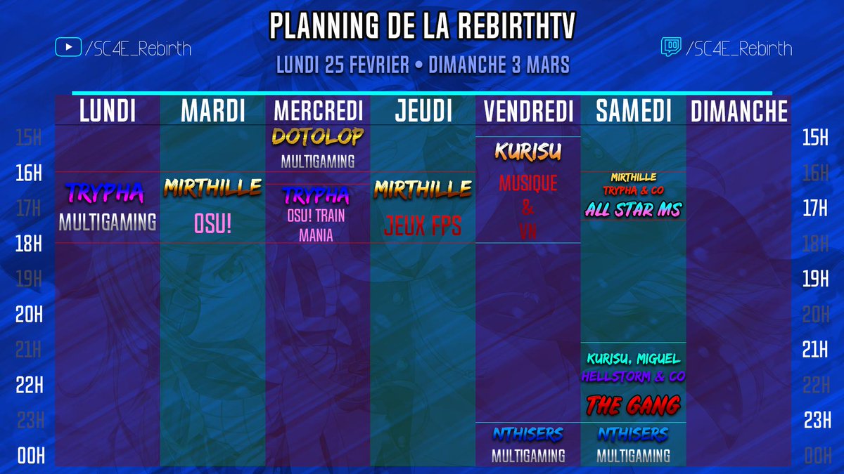 TeamRebirth__'s tweet photo. Planning de la 2ème semaine #RebirthTV

En direct sur Twitch : https://t.co/7OtLdVZyic
Rediffusions sur YouTube : https://t.co/LZiJZvAfhj

⚠️Les horaires de @nthisers ne seront pas fait. https://t.co/69THMtlyy8