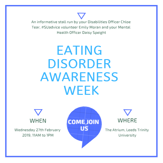 leedstrinitysu's tweet photo. Tomorrow in the atrium your Disabilities Officer @chloeltear, #SUadvice volunteer @EmilyAnalyses and your Mental Health Officer Daisy Speight are running a stall in support of #EatingDisorderAwarenessWeek!

Pop over tomorrow to learn more! https://t.co/ZloKjwBkME