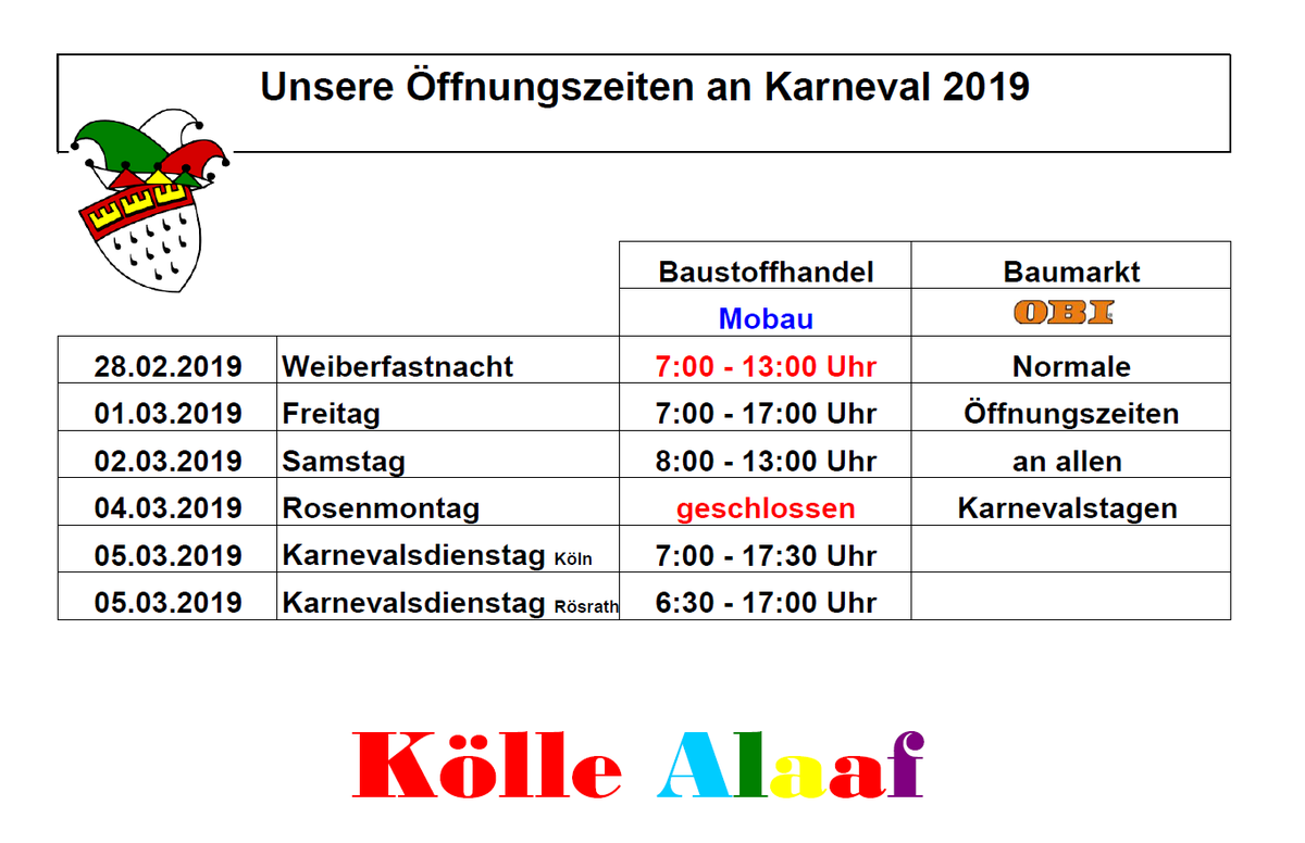 MobauSelbach's tweet photo. Bitte beachtet unsere geänderten Öffnungszeiten an #Karneval!
https://t.co/MGjaCVGRLE
https://t.co/xl8YRloEco
#koeln #karneval2019 #alaaf https://t.co/PtWdhW0U8c