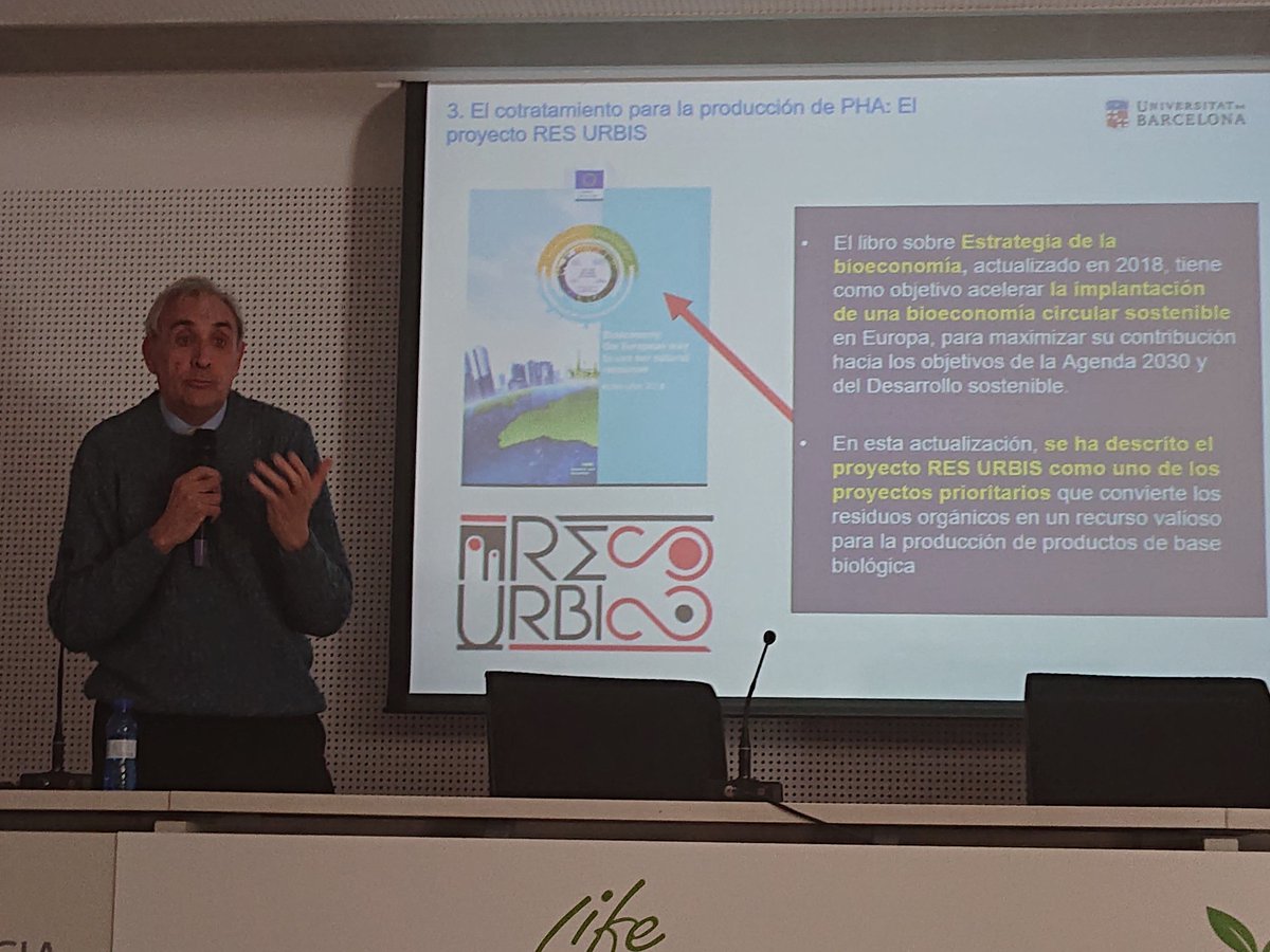 resurbis's tweet photo. Joan Mata-Alvarez presenting the #bioplastics production from urban #biowastes within the RES URBIS project, in the final conference of #anadry project in Murcia, Spain. https://t.co/Ocx0dgNKnQ