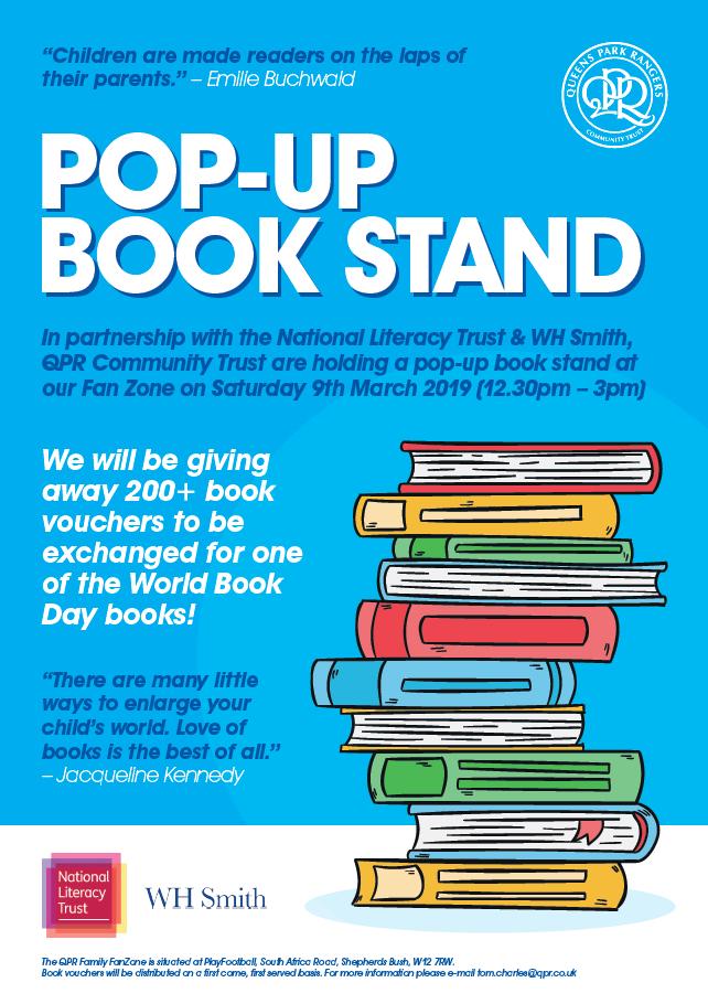QPRPrimaryStars's tweet photo. We’re running a pop-up bookshop at our FanZone before #QPR vs Stoke for #WorldBookDay - come &amp; pick up a great children’s book for just £1! 

📚 provided by @WHSmith as part of our #PLPrimaryStars with @Literacy_Trust

📅 Sat 9th March 
⏲️ 12:30 - 3pm 
🏟️PlayFootball, W12 7RW https://t.co/OjW0WVkUkI