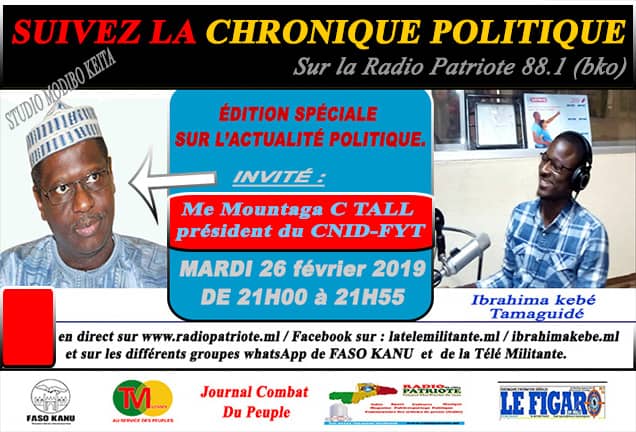 mountagatall's tweet photo. J'aurai le plaisir de vous retrouver ce mardi à 21 H 00 dans la Chronique politique  de Ibrahim KEBE sur RADIO PATRIOTE (88.1 à  à Bamako) et sur les réseaux de Faso Kanu et de la Télé Militante.
mERCI.
@cnidfyt https://t.co/4hnqnT9PoU