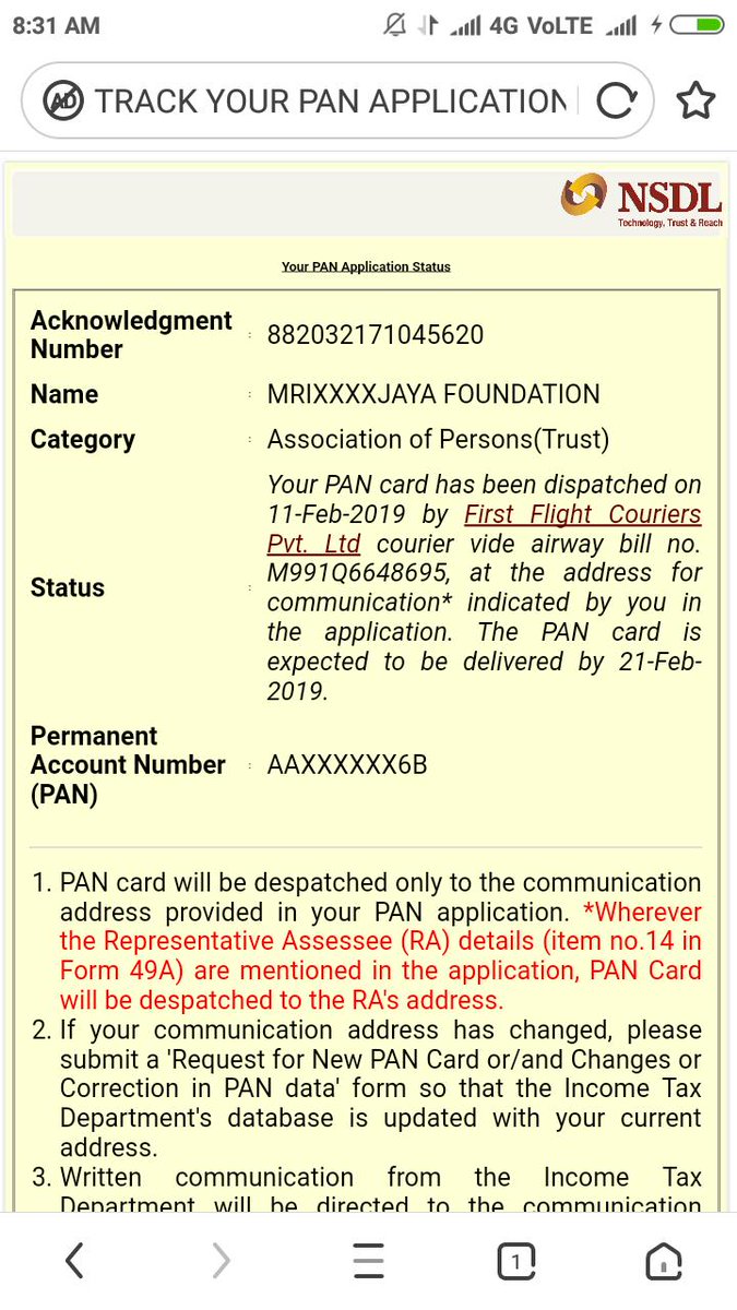 gameover_in's tweet photo. @NSDLeGovernance 
My Pancard is undelivered application number 882032171045620. Courier partner first flight couriers Pvt Ltd airway bill no. M991Q6648695. 

The same was dispatched on 11th February 2019 and was supposed to be delivered by 21th February 2019. https://t.co/r7fHopdWIH