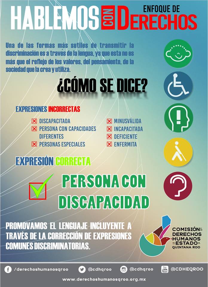 cdhqroo's tweet photo. ¿Por qué son incorrectos otros términos para referirse a una persona con discapacidad? Conoce esta guía elaborada por la CDHDF https://t.co/r99bqE2FD0 https://t.co/7EomozPlrp
