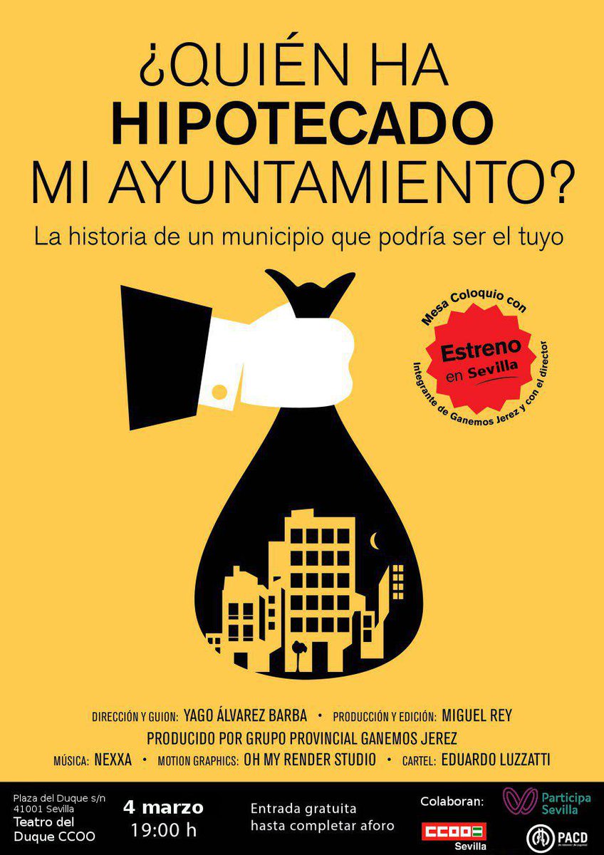 ¿Conoces la relación entre #Deuda #Ayuntamientos y #Banca ? ¿Conoces el Plan de pago a Proveedores? Ven el 4Marzo a ver #QuiénHaHipotecadoMiAyuntamiento en #Sevilla y sal de dudas