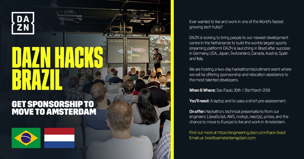 🇧🇷 DAZN Hacks Brazil 🇧🇷 In March we will be hosting a Hackathon in #saopaulo. The event is for #softwareengineers to join in two days of fun, sharing knowledge and looking for an opportunity to be sponsored to move to #Amsterdam. Register here -  engineering.dazn.com/hack-brazil Abraço!