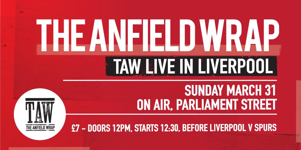 TAW Live in Liverpool 🎙

📍<a href="/OnAirLiverpool/">On Air Liverpool</a> 
📆 Sun March 31st
🕖 Starts 12.30PM 

Before LFC v Spurs. All ticket money will be donated to @livfootycollege to help send 54 young people from the city to participate in the Dallas Cup 👊

Tickets 👉 bit.ly/TAWLiveLiverpo…