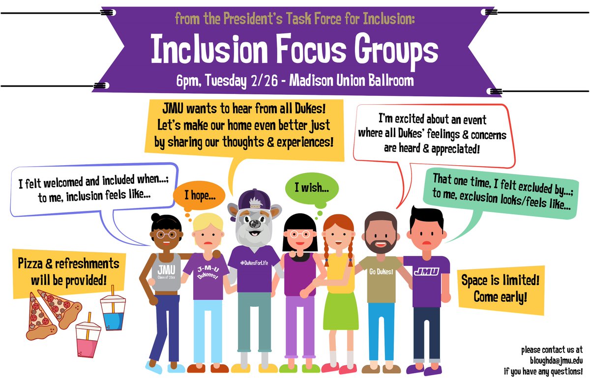 Inclusion Focus Groups are happening today (Tuesday, Feb. 26th) at 6pm in Madison Union Ballroom! Come share your thoughts about inclusion on campus. Pizza and refreshments will be provided! #YouAreWelcomeHere