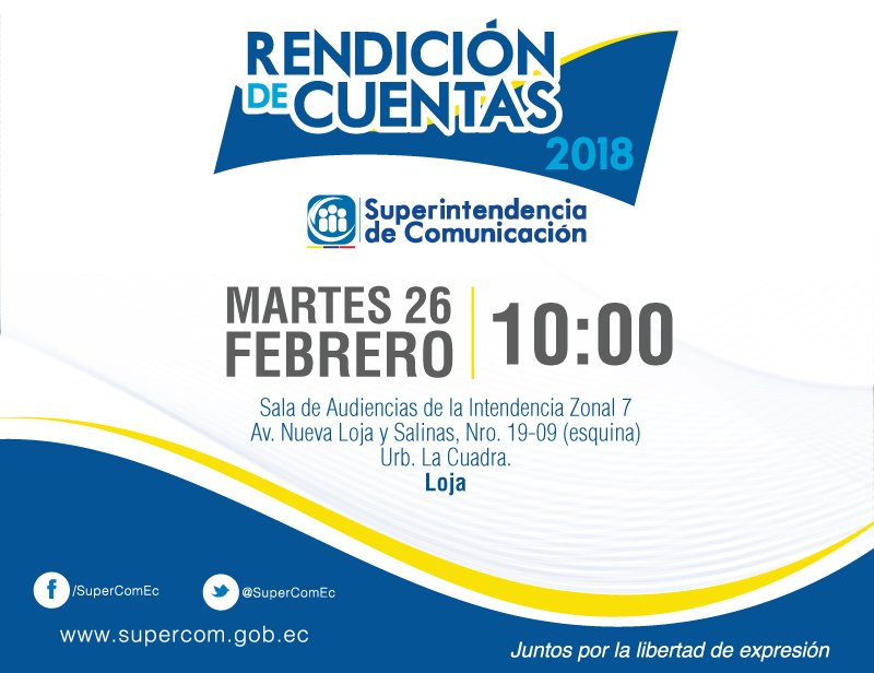 Hoy en #Loja la <a href="/SupercomZona7/">Supercom Zona 7</a> presenta el informe de rendición de cuentas 2018.
➡ 10h00
➡ Av. Nueva Loja y Salinas esquina
#SupercomRendiciónDeCuentas