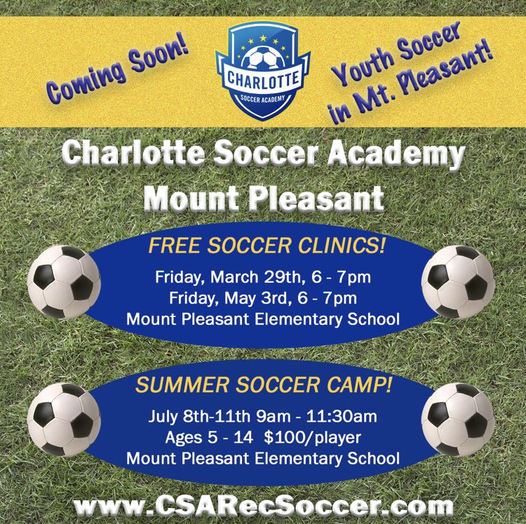 CSA_Soccer's tweet photo. CSA will be offering recreational soccer in Mount Pleasant! For information on the free soccer clinics and summer soccer camp visit https://t.co/zbPvawV4Tt! #CSArec #CSAproud #charlottesocceracademy https://t.co/K4YDnwZCud