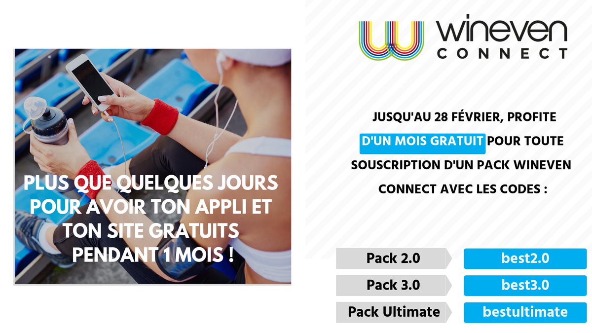 PLUS QUE QUELQUES JOURS POUR BÉNÉFICIER D'UNE OFFRE EXCLUSIVE ! Profite d'un mois gratuit pour toute souscription d'un pack sur notre site Wineven Connect , jusqu'au 28 février ! ➡️ ow.ly/xe3y30nQ5nl