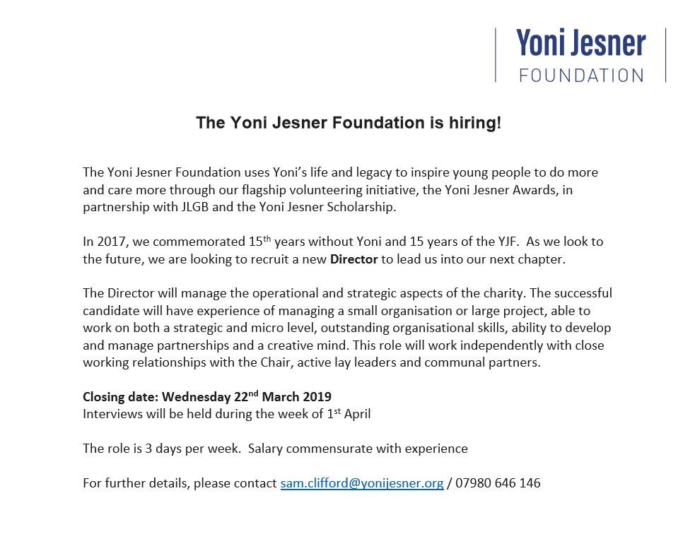 YoniFoundation's tweet photo. After leading the YJF for three years, @Sam_Clifford will be moving on in a few months time. We would like to thank Sam for her  dedication to the YJF and wish her the best of luck for the future.  Could you be our new Director? https://t.co/01qZvJlg3r