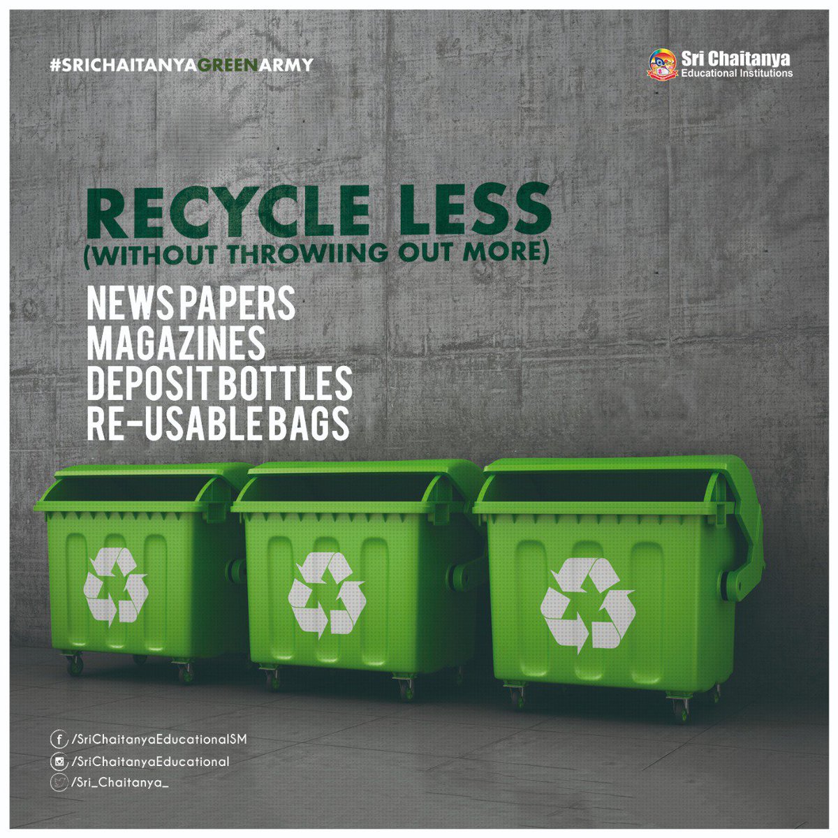 Humans can Recycle Doesn't Mean We Keep Recycling Waste materials and increase the waste. We Can Generate less waste by not Throwing away Materials.  #SriChaitanyaGreenArmy #WasteLess #ReuseNewsPapers #ReuseMagazines #ReuseBottles #SriChaitanyaJuniorKalasala #LessWasteGeneration