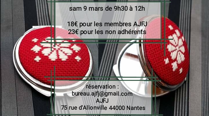 AJFJ_Nantes's tweet photo. Atelier #broderiejaponaise #KOGIN  à l'AJFJ Sam 9 mars à 9h30. Repartez avec votre miroir de poche brodé ! Inscription : bureau.ajfj@gmail.com #culturejaponaise #artjaponais #Nantes #artisanat #ajfj https://t.co/iFcfFYGBEy
