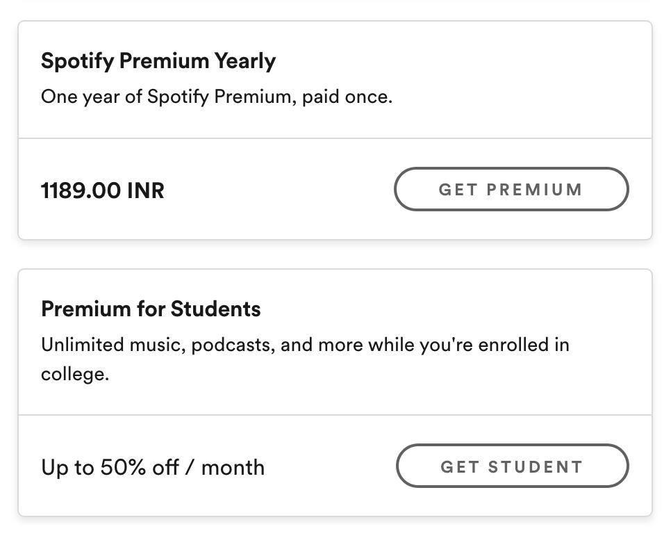 preshit's tweet photo. Spotify India Premium Pricing 

- ₹119/m or ₹1189/yr 
- Students get up to 50% 
- One-time payments start at ₹13 for 1 day https://t.co/NwKsJofZ0d