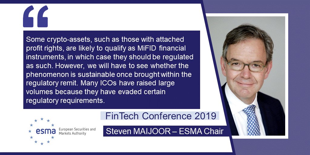 ESMAComms's tweet photo. 🆕 "Those Crypto-assets likely qualifying as financial instruments should be regulated as such" Steven Maijoor, ESMA Chair, said at #FinTechEU19 Conference today in #Brussels.
🎙️Read the full speech here: https://t.co/7ViKbpCZw2 https://t.co/keNC2n4duU