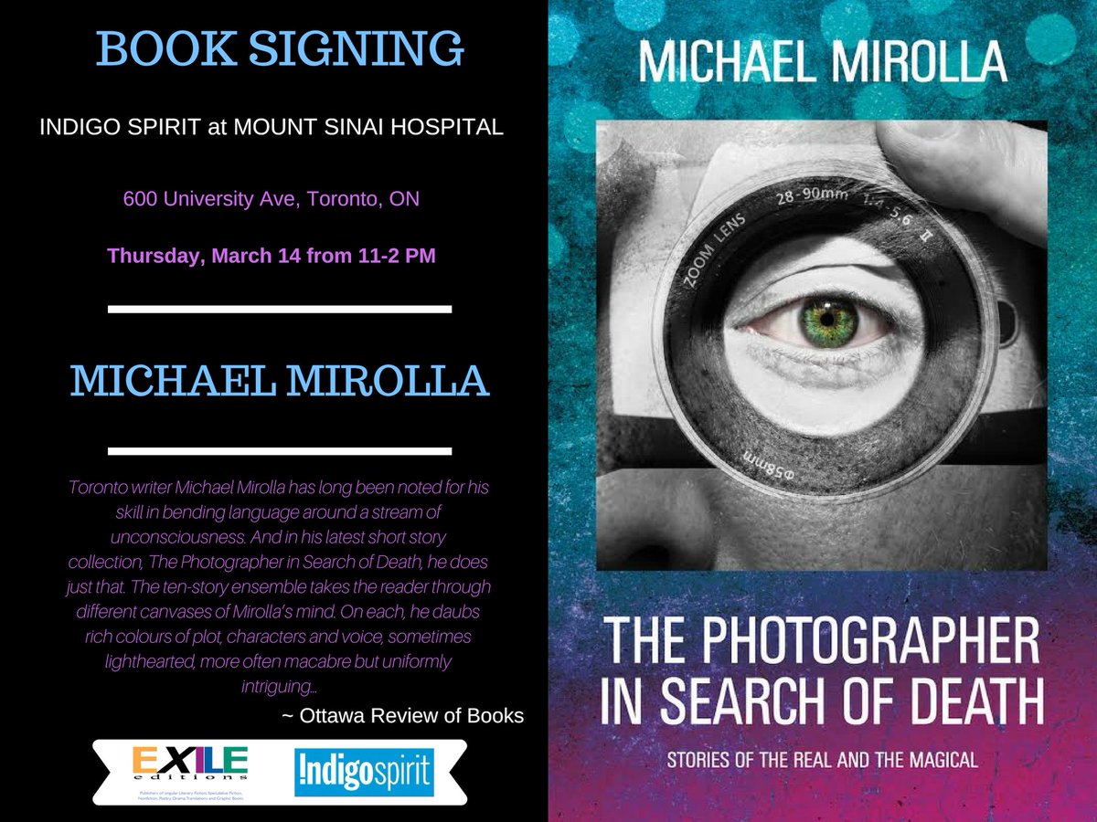 MichaelMirolla1's tweet photo. #Toronto friends, drop by @IndigospiritMSH on March 14. I'll be signing copies of The Photographer in Search of Death, 11-2 PM. The mice and the lizards  (and I) would love some company. #magicrealism #shortstories #booksigning https://t.co/ze1zBK1EP3