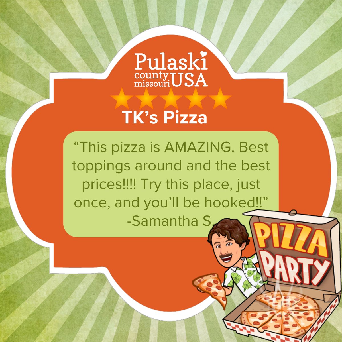PulCoUSA's tweet photo. In the #FortLeonardWood region for a #militarygraduation? Cruising #Route66? Thinking about #lunch or #dinner? Check out this 5 star ⭐️ review of TK's Pizza in #SaintRobert! #PulaskiCountyUSA #TastyTuesday #EatLikeALocal #TKsPizza https://t.co/sqUijpzHd8
