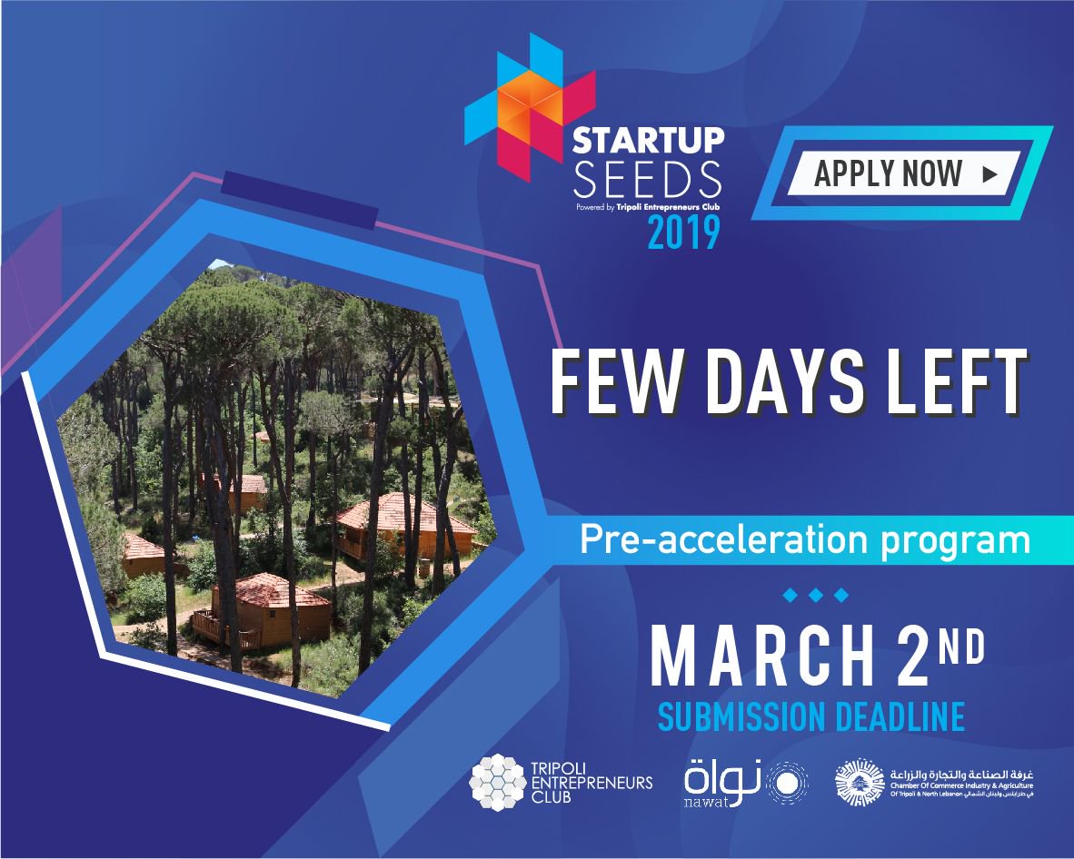 Tripolieclub's tweet photo. Few Days! Applications will close on march 2nd.
Apply on our website https://t.co/6tUQ4GTLQX
A startup boot camp like no other awaits, where you will learn all the skills you need to start your own company.
#startups #StartupSeeds #innovation #tripoli #lebanon https://t.co/REMWodNJmx