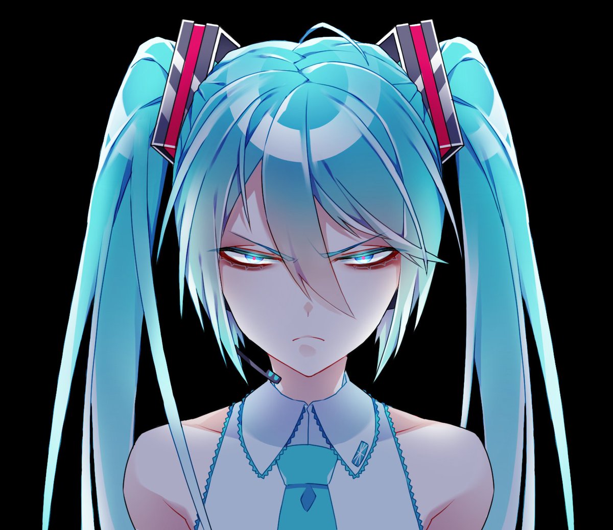 hatsune miku 1girl solo twintails necktie long hair shirt black background  illustration images