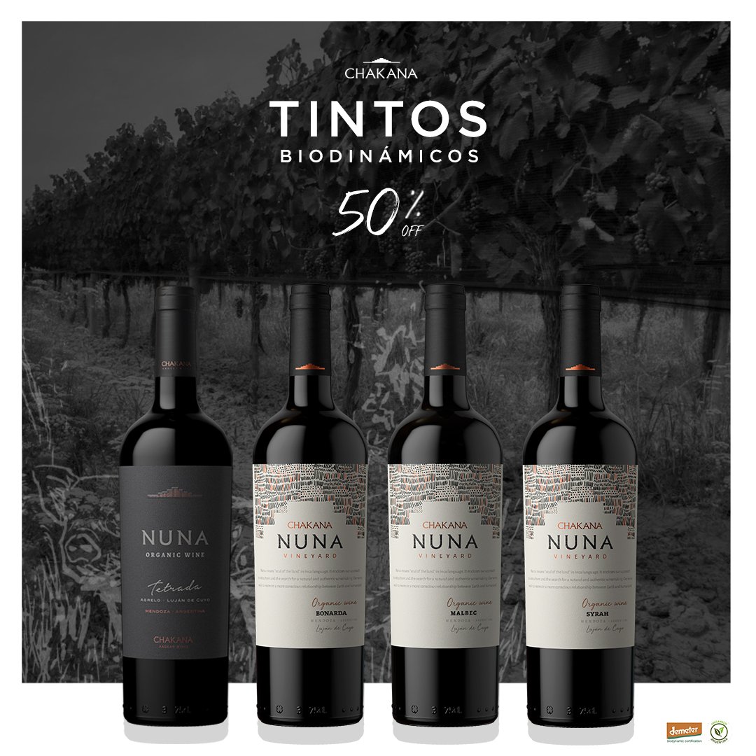 chakanawines's tweet photo. #PromoSemanal - #TintosBiodinámicos 🍷

¡Por una viticultura sustentable y responsable! 💪 Hasta el jueves aprovechá nuestros vinos tintos orgánicos y biodinámicos a un 50%OFF. ¡Mirá! ▶ https://t.co/Q502SJUPuS https://t.co/39OTkiD9Uf
