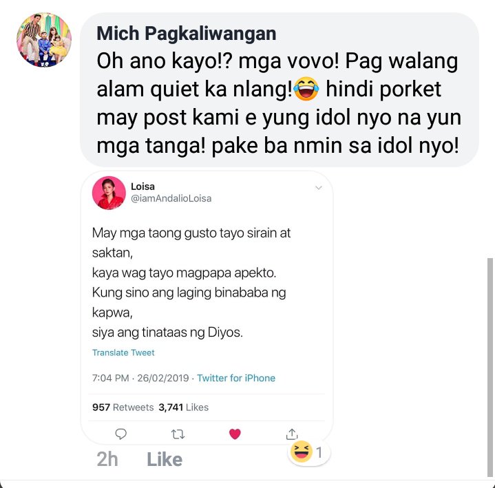 BebeKoh69763148's tweet photo. Ano na? Hahaha ngayong napansin kayo saka nyo sasabihin hindi sila tnutukoy nyo? Ayan ha masyado kayong nahahalata na story maker kayo! Hahaha wag ang LoiNie mga atiii, strong pa sila sa strong. 

View mo to beh! @iamAndalioLoisa https://t.co/aGFWXQaPt4
