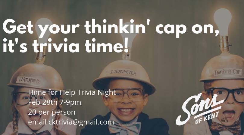 Country929's tweet image. Grab your three smartest friends and head to @sonsofkent Thursday night at 7 pm for the @HimeForHelp Trivia Night! Just $20! #ckont