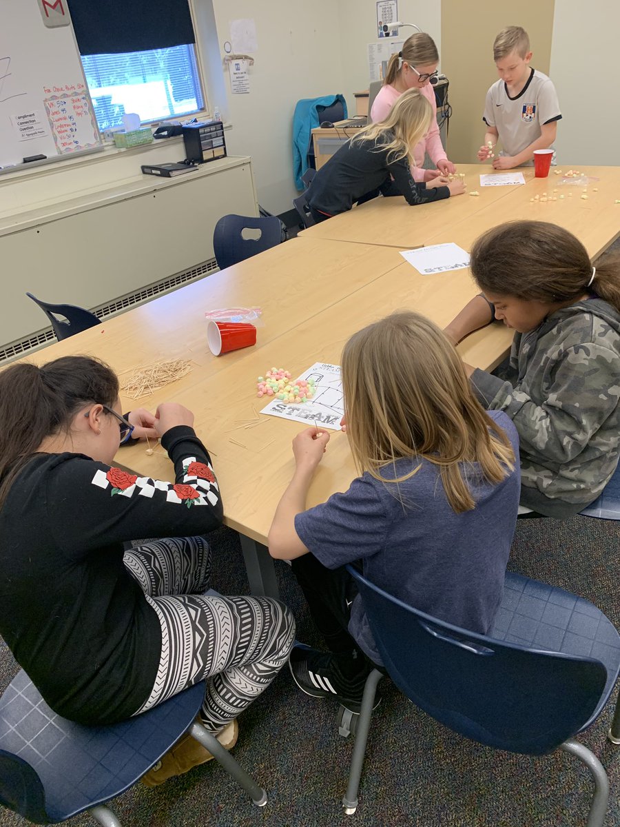 MrsAllison4tech's tweet photo. 5th graders tackle a STEAM bridge challenge. Use only 100 toothpicks and a cup of marshmallows. Hearing great convos while working; things like: structurally sound, making modifications, weight, strength. #designthinking #futuredesigners @zeelandschools https://t.co/I7jjqFKjxJ