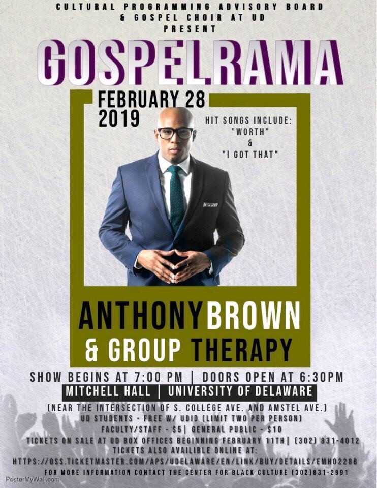 UDCBC's tweet image. This Thursday at 7pm in Mitchell Hall, Gospelrama ft. Anthony Brown &amp;amp; Group TherAPy will make you get up out  of your seat to clap &amp;amp; stomp along with the soulful voices taking the stage. Come for the music &amp;amp; leave filled with the joy &amp;amp; love that gospel music is rooted in!
